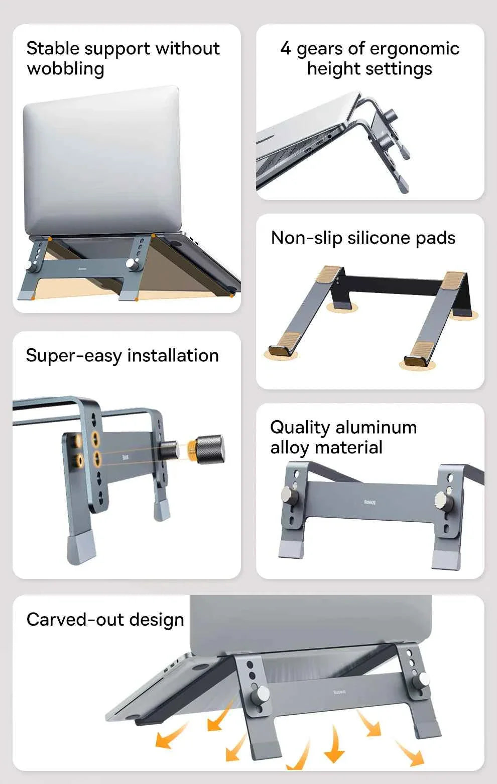 Baseus Laptop Stand Support for Notebook Aluminum Alloy 4 Gears Adjustable Vertical Stand For Macbook Air Pro 17'' Laptop Stand