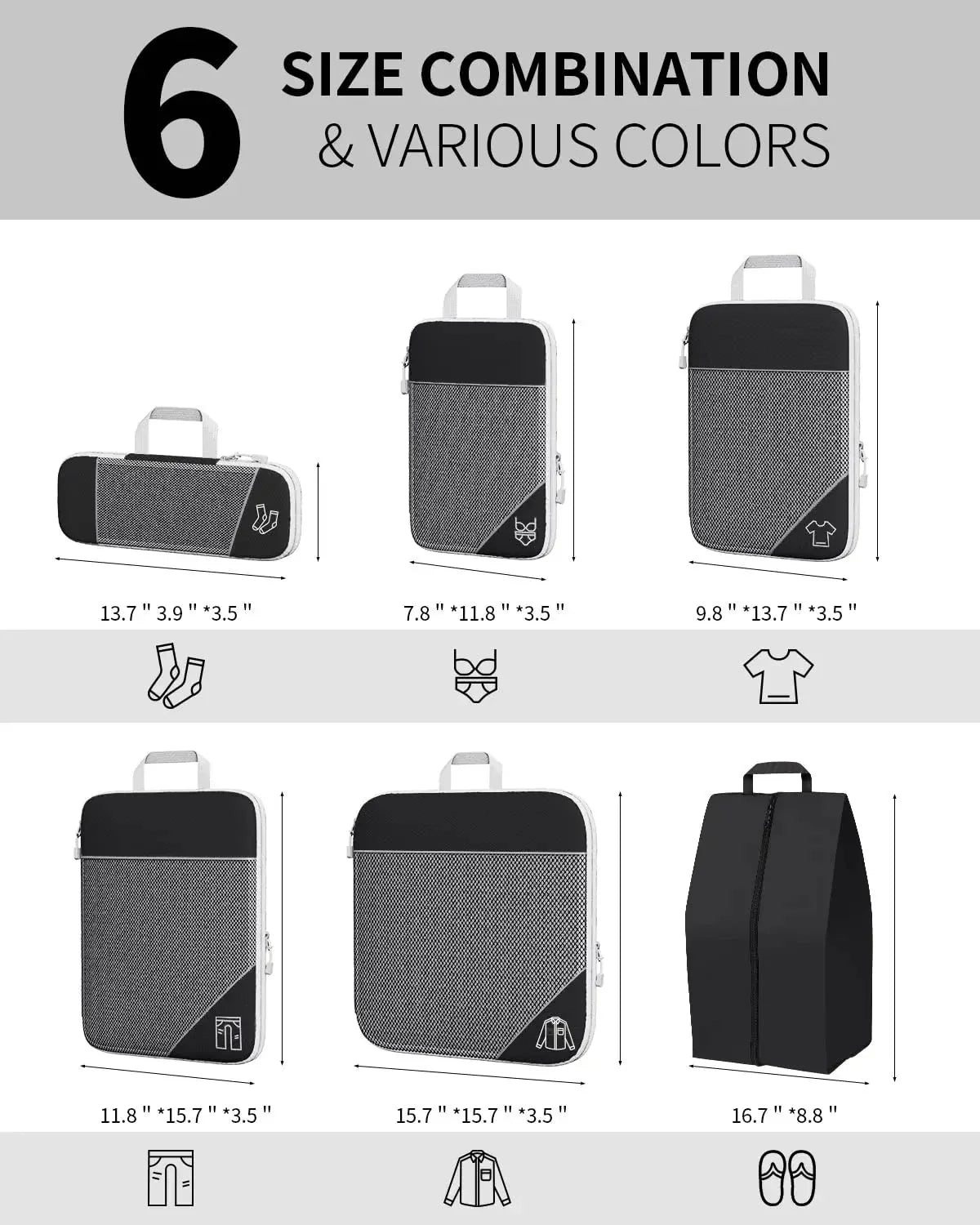 3/6PCS Compressed Packing Cubes Travel Storage Set With Shoe Bag Mesh Visual Luggage Organizer Portable Lightweight Suitcase Bag