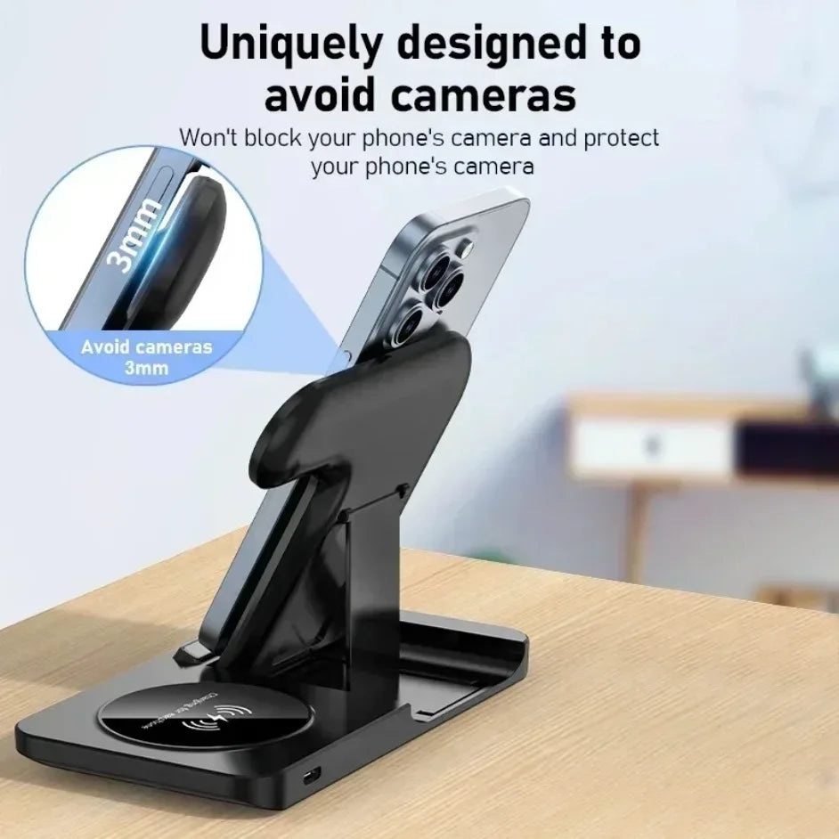 3 In 1 Wireless Charger Stand Foldable 15W Fast Wireless Charging Station Dock for iPhone 16 15 14 13 12 iWatch 9 8 7 6 Airpods