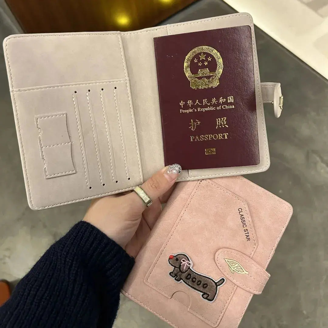 Cartoon Dogs Embroidered Passport Holder PU Leather Cute Passport Cover Multi-function Waterproof Ticket Clamp Travel Accessory
