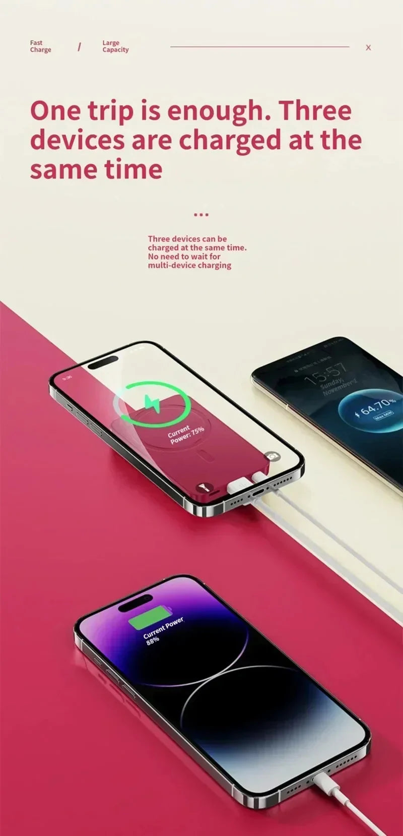 OnePlus 50000mAh Magnetic Wireless Charger Power Bank External Battery Fast Charging PowerBank For Android iPhone 15 16 Xiaomi