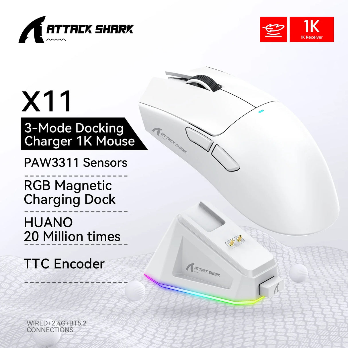 Tri-Mode Connection 2.4GHz/Wired/Bluetooth PAW3311 22000DPI 400IPS RGB PC Gaming Mouse