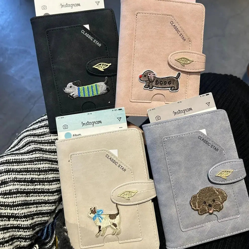 Cartoon Dogs Embroidered Passport Holder PU Leather Cute Passport Cover Multi-function Waterproof Ticket Clamp Travel Accessory
