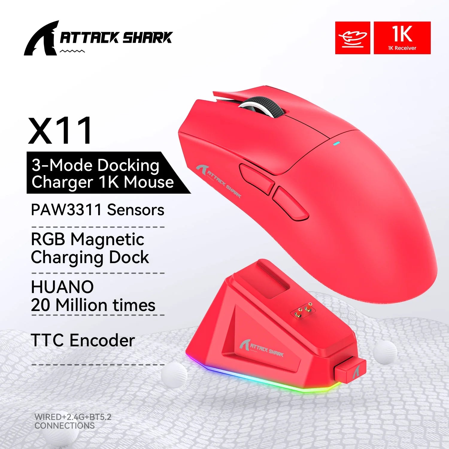 Tri-Mode Connection 2.4GHz/Wired/Bluetooth PAW3311 22000DPI 400IPS RGB PC Gaming Mouse