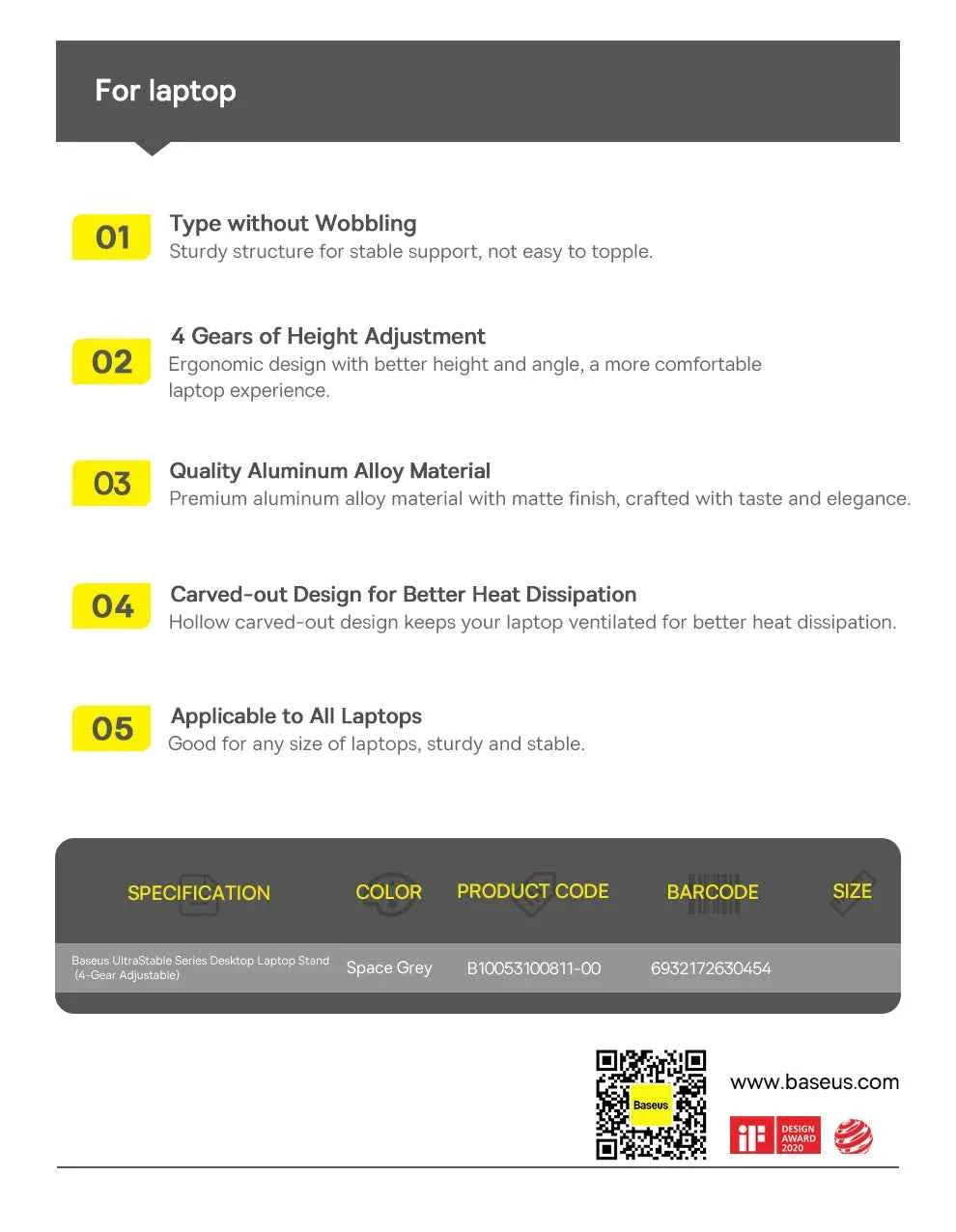 Baseus Laptop Stand Support for Notebook Aluminum Alloy 4 Gears Adjustable Vertical Stand For Macbook Air Pro 17'' Laptop Stand