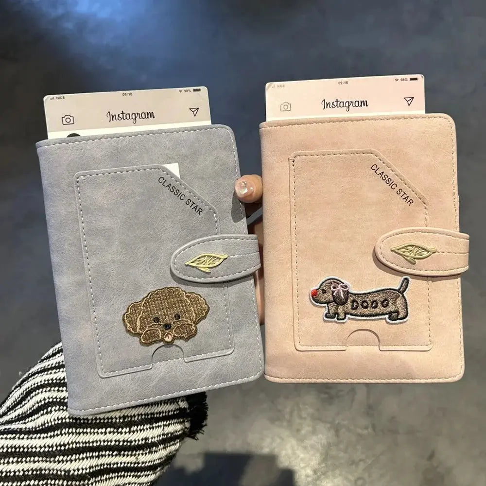 Cartoon Dogs Embroidered Passport Holder PU Leather Cute Passport Cover Multi-function Waterproof Ticket Clamp Travel Accessory