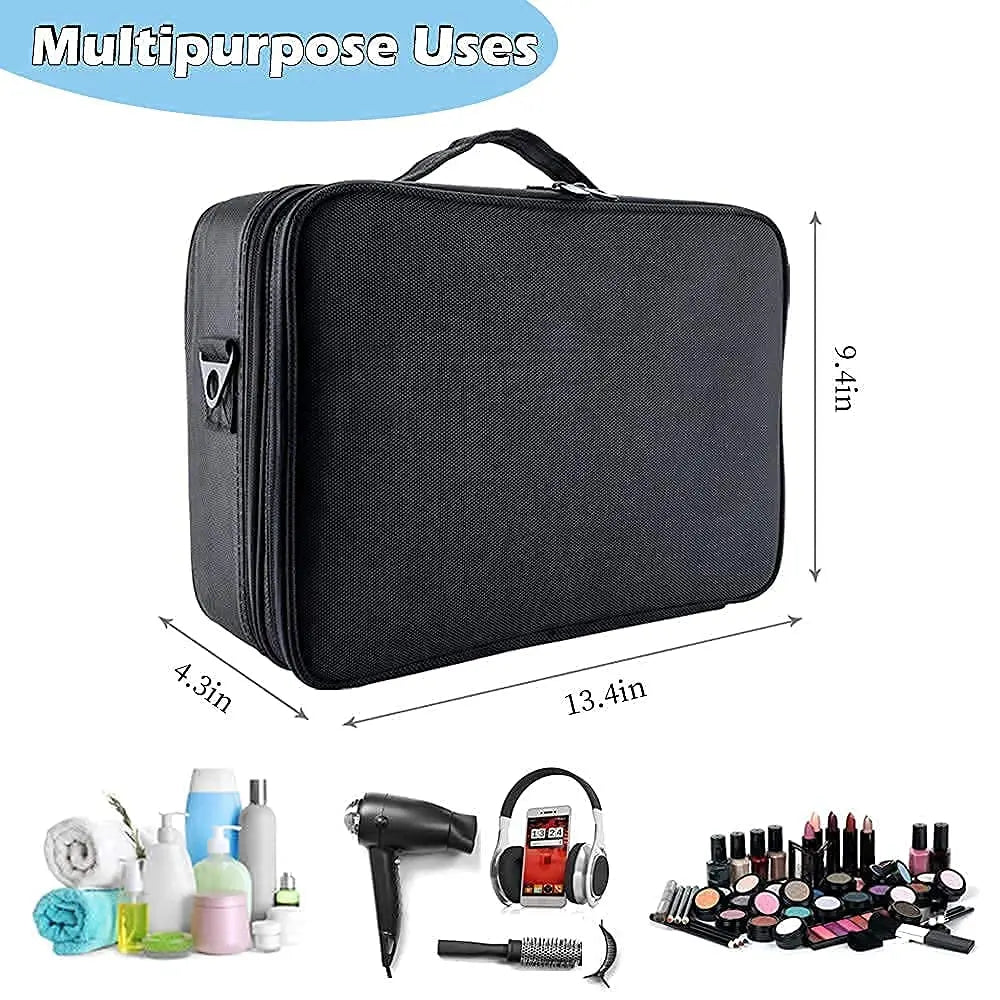 Large capacity travel makeup case, portable artist organizer with adjustable dividers and shoulder strap for toiletries jewelry