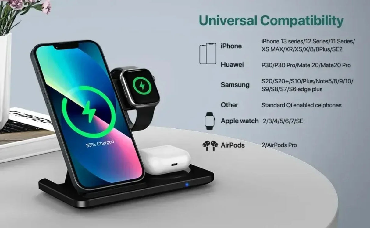 3 In 1 Wireless Charger Stand Foldable 15W Fast Wireless Charging Station Dock for iPhone 16 15 14 13 12 iWatch 9 8 7 6 Airpods