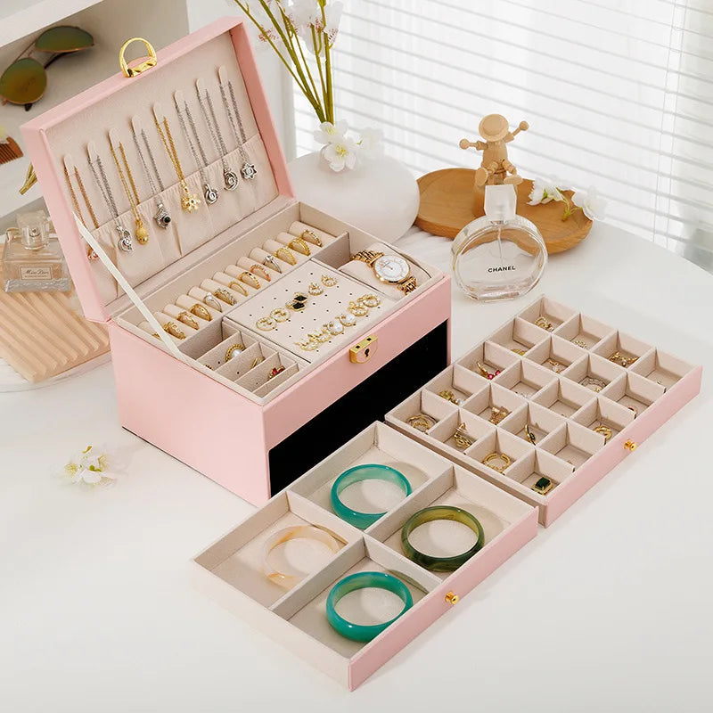 Three-layer Jewelry Storage Box for High-end Exquisite Necklaces, Earrings,Gold Jewelry and Hand Accessories with Large Capacity