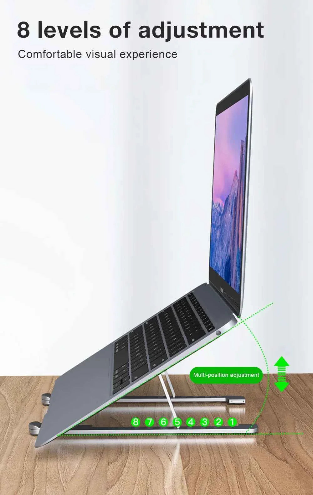 Aluminum Alloy Magnetic Laptop Stand With 8-Level Adjustment, Ventilation and Heat Dissipation, Equipped With Silicone Anti-Slip