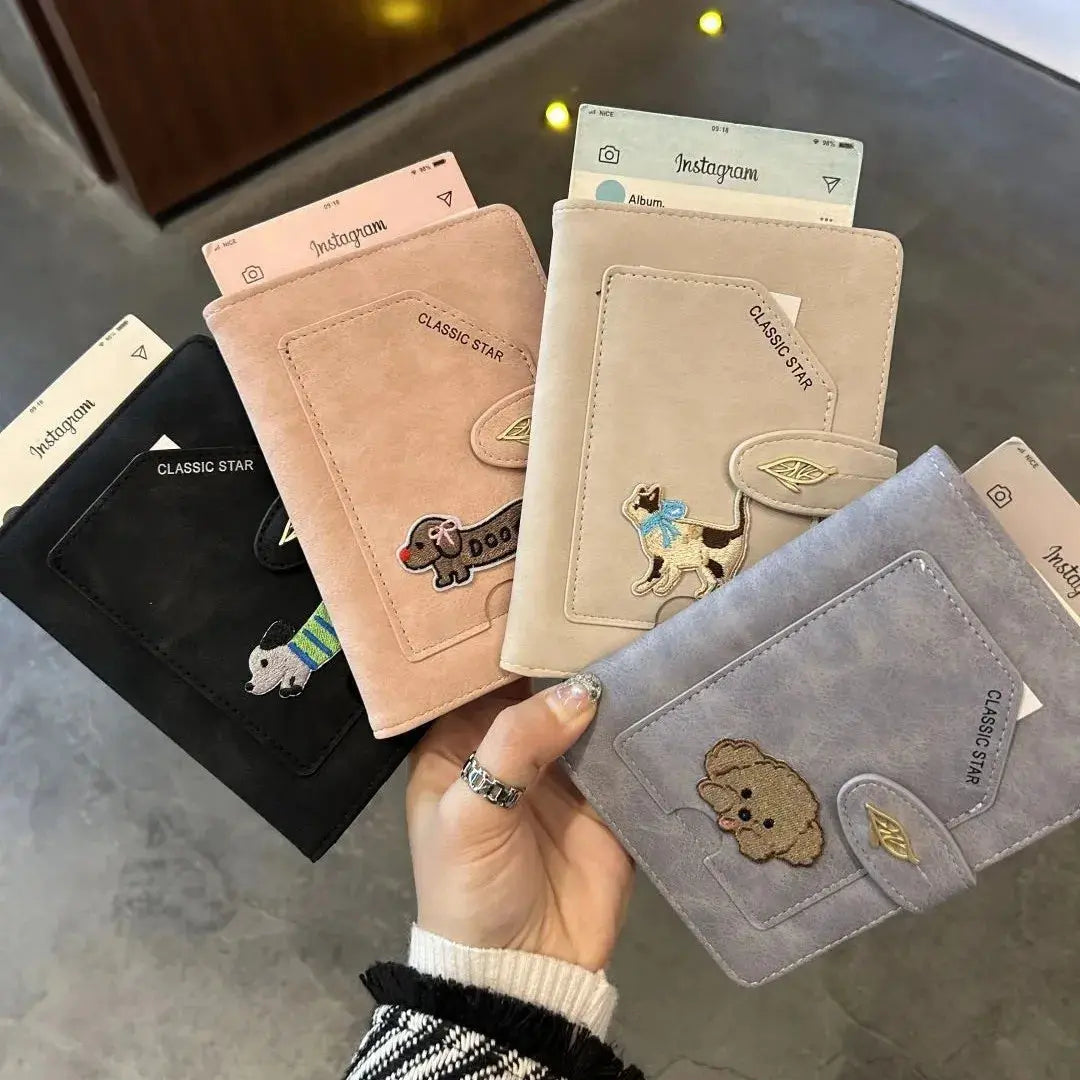 Cartoon Dogs Embroidered Passport Holder PU Leather Cute Passport Cover Multi-function Waterproof Ticket Clamp Travel Accessory