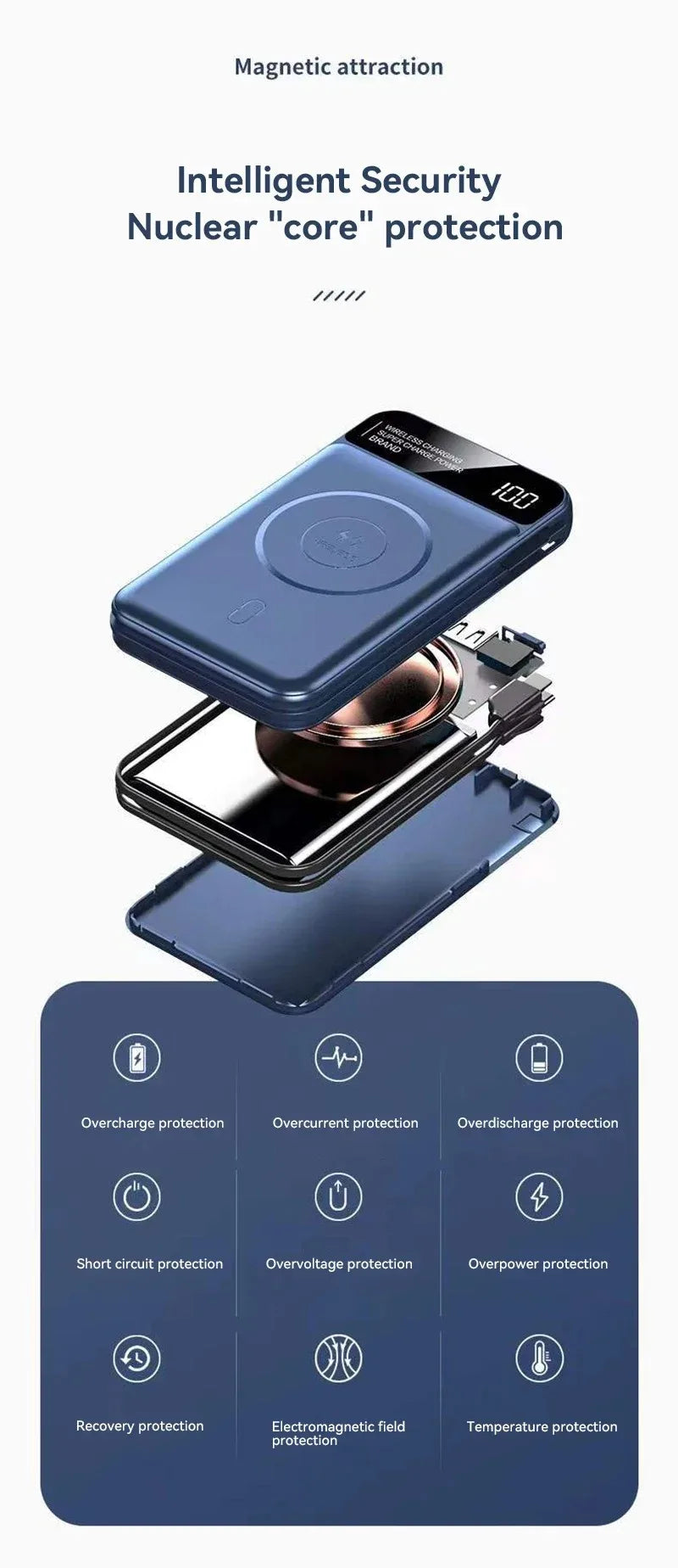 Xiaomi 50000mAh Portable Wireless Charging Power Bank Magnetic Charging Built-in Wire Mobile Phone Battery For Iphone Samsung