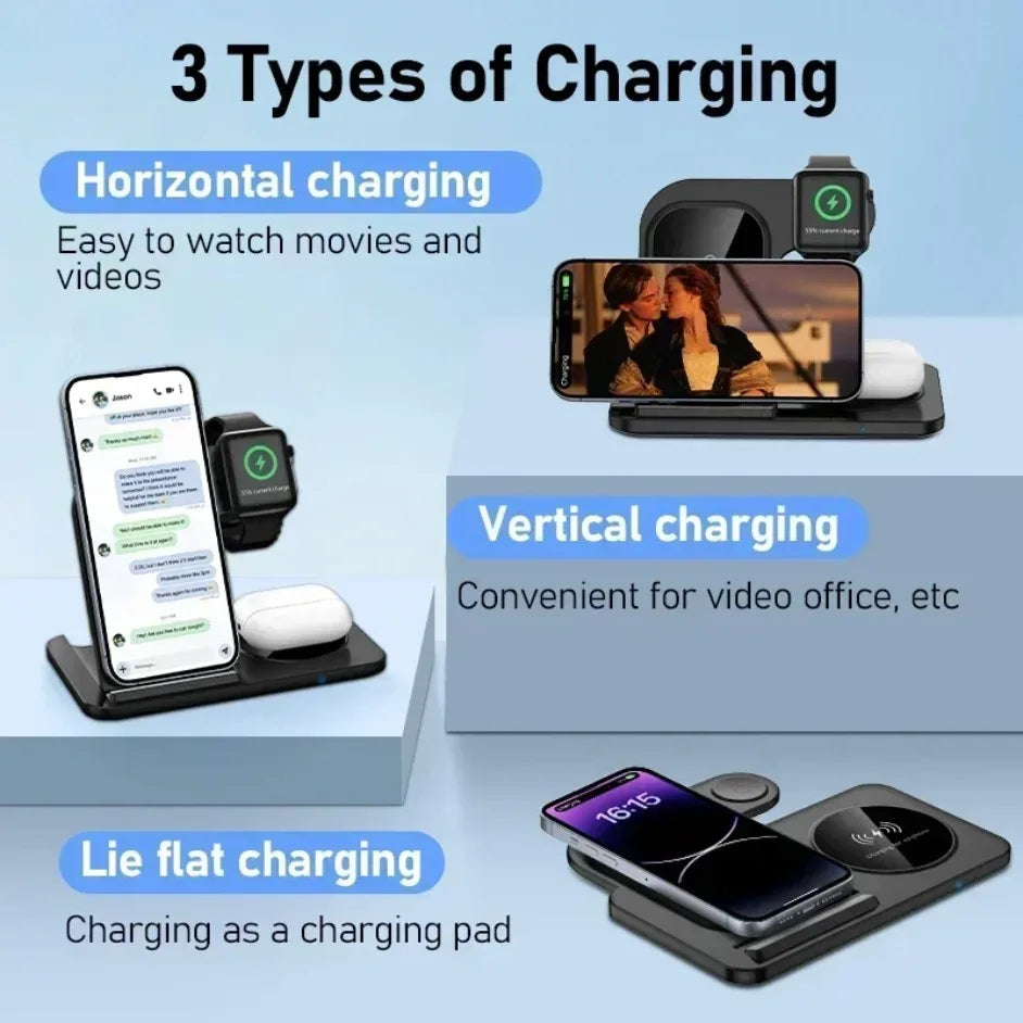 3 In 1 Wireless Charger Stand Foldable 15W Fast Wireless Charging Station Dock for iPhone 16 15 14 13 12 iWatch 9 8 7 6 Airpods