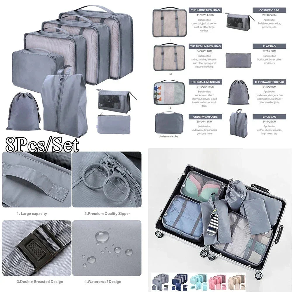 8/7/6 Pieces Set Travel Organizer Storage Bags Suitcase Packing Cubes Set Cases Portable Folding Luggage Clothes Shoe Tidy Pouch