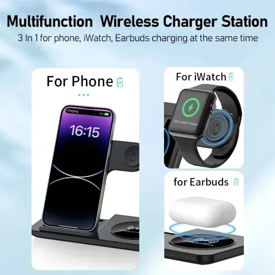 3 In 1 Wireless Charger Stand Foldable 15W Fast Wireless Charging Station Dock for iPhone 16 15 14 13 12 iWatch 9 8 7 6 Airpods