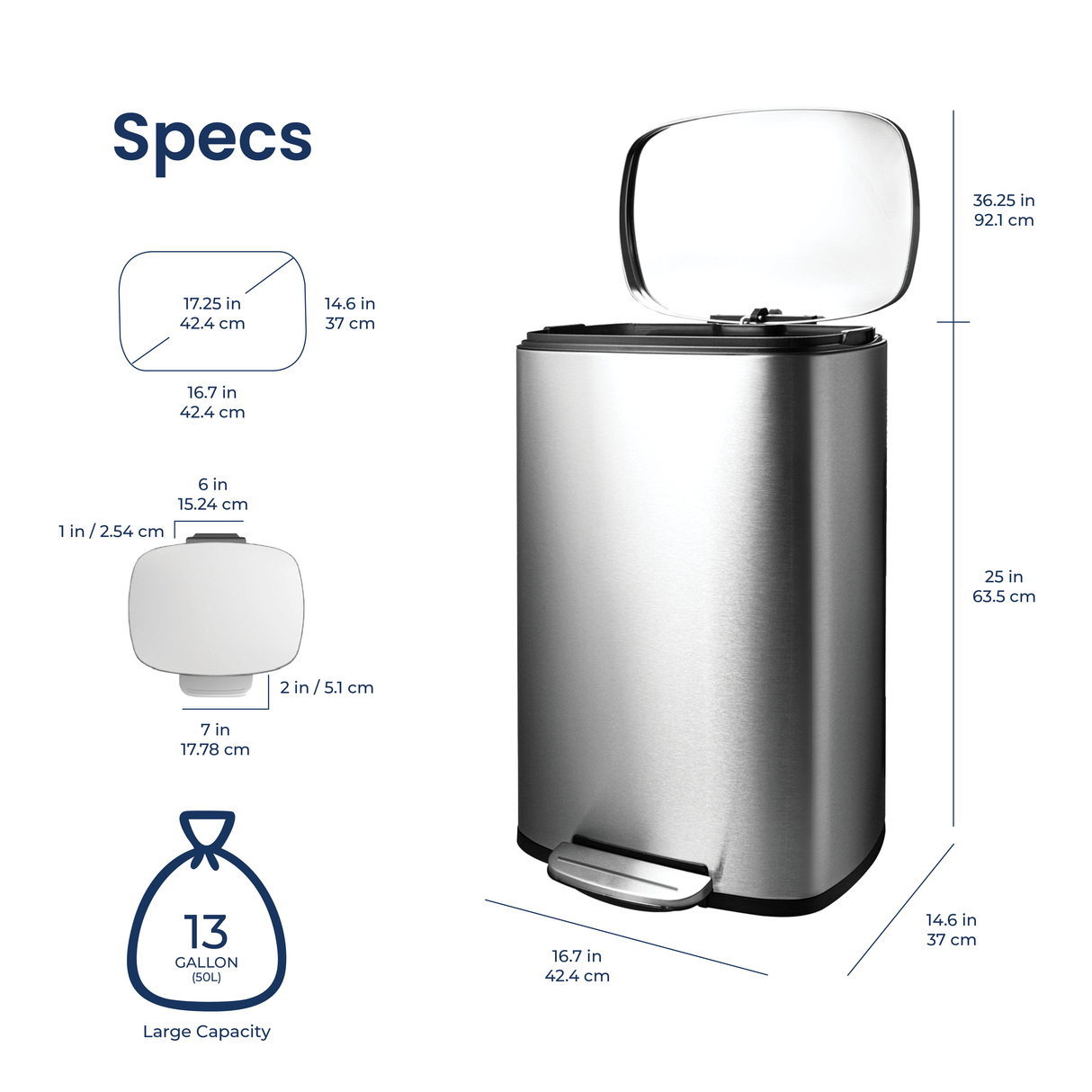 Rectangular Step Trash Can 13.2 Gallon | SOT-50-8