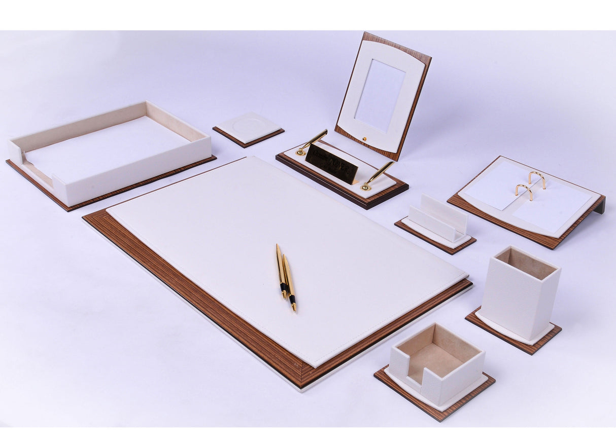 MOOG Star Leather Desk Set -Walnut Wood Combination - Black -11 PCS