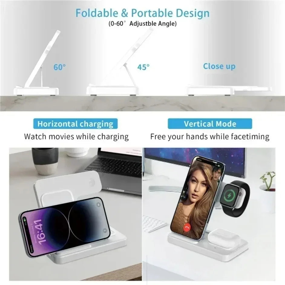 3 In 1 Wireless Charger Stand Foldable 15W Fast Wireless Charging Station Dock for iPhone 16 15 14 13 12 iWatch 9 8 7 6 Airpods