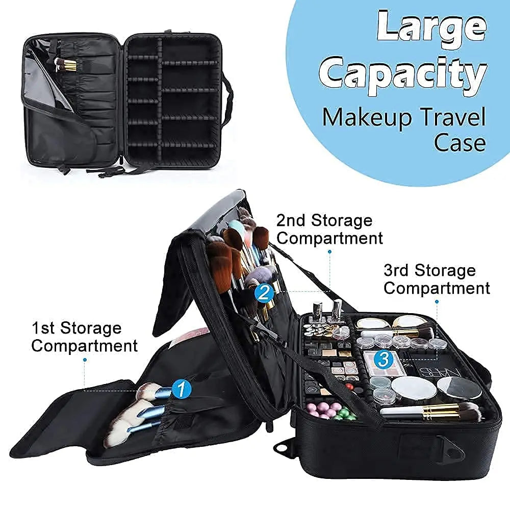 Large capacity travel makeup case, portable artist organizer with adjustable dividers and shoulder strap for toiletries jewelry