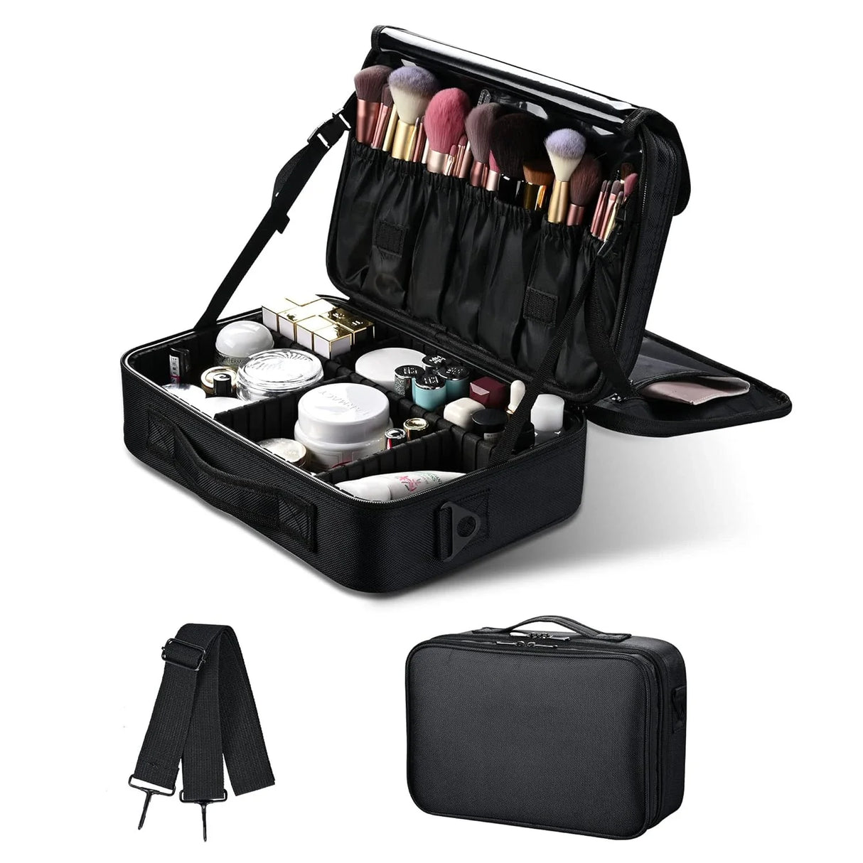 Large capacity travel makeup case, portable artist organizer with adjustable dividers and shoulder strap for toiletries jewelry