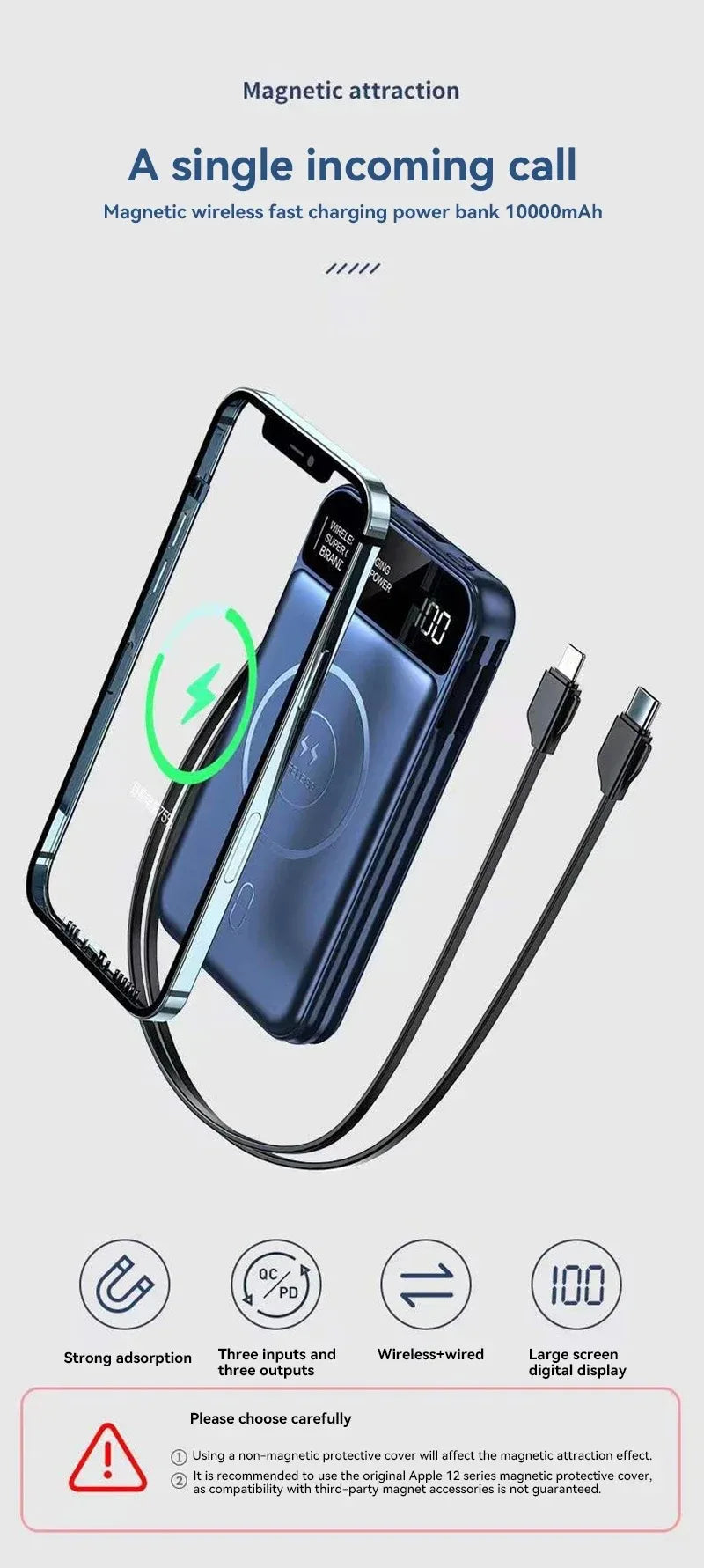 Xiaomi 50000mAh Portable Wireless Charging Power Bank Magnetic Charging Built-in Wire Mobile Phone Battery For Iphone Samsung