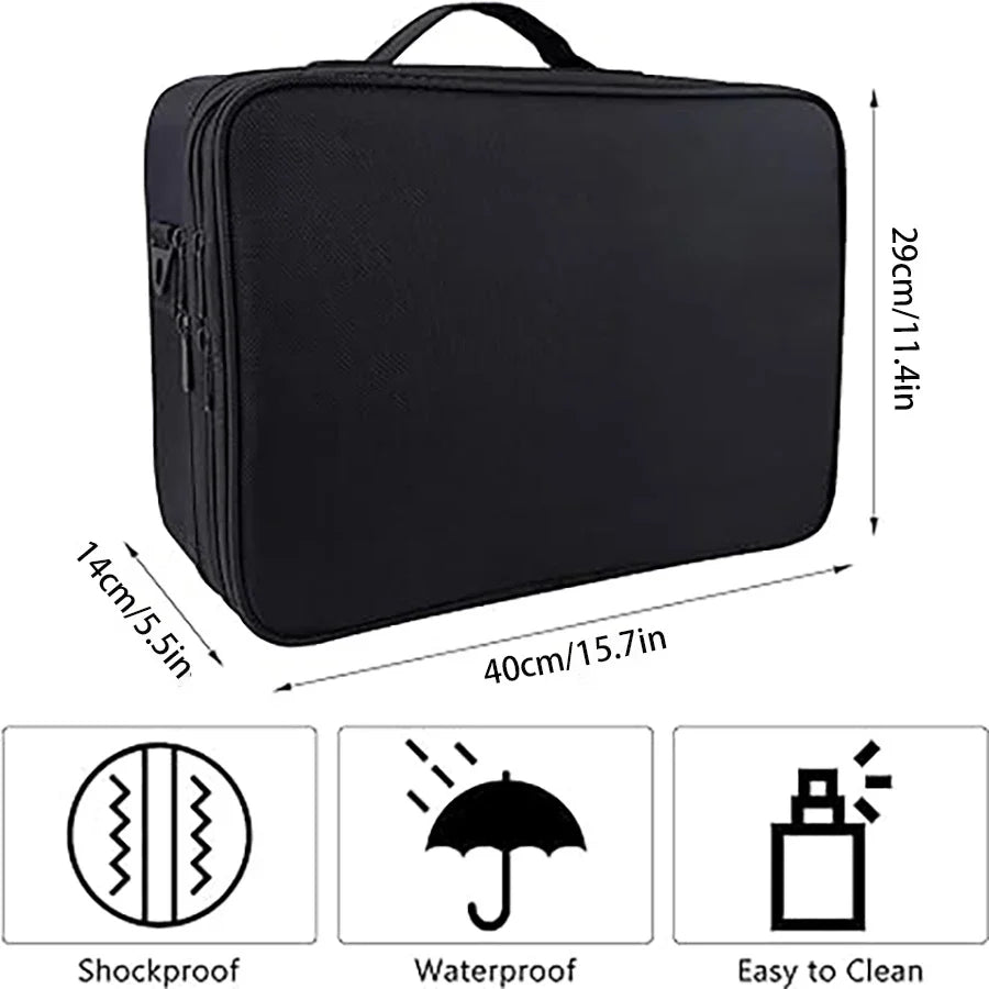 Large capacity travel makeup case, portable artist organizer with adjustable dividers and shoulder strap for toiletries jewelry