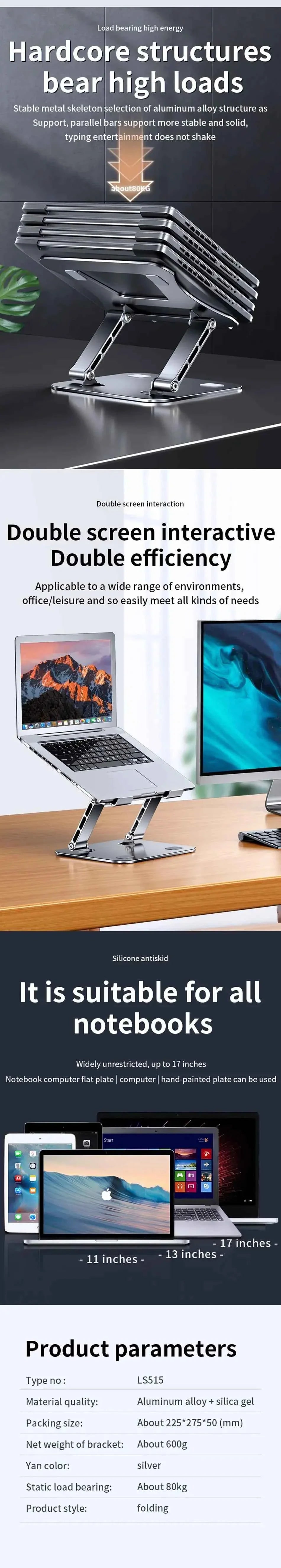 Laptop Stand Adjustable Aluminum Alloy Notebook Tablet Stand Up to 17 Inch Laptop Portable Fold Holder Cooling Bracket Support