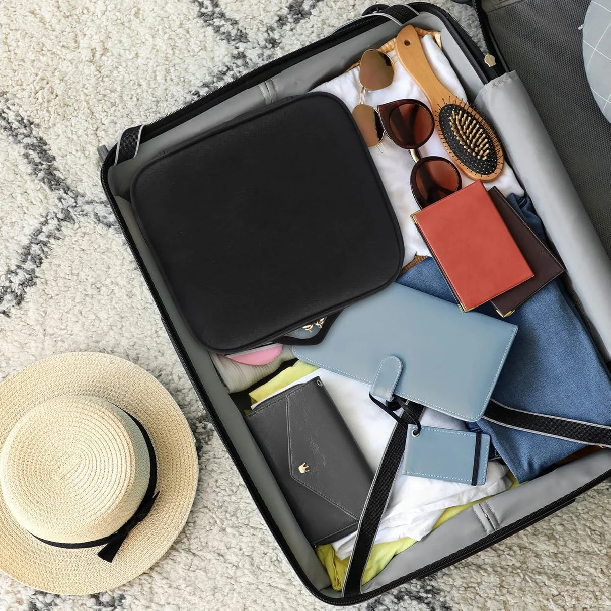 Makeup Organizer with Mirror Light 3 Adjustable Brightness Travel Train Case Cosmetic Bag Portable Storage Partition Waterproof