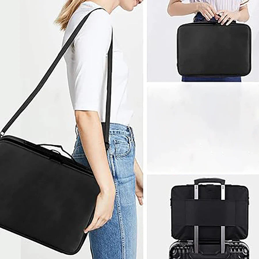 Large capacity travel makeup case, portable artist organizer with adjustable dividers and shoulder strap for toiletries jewelry