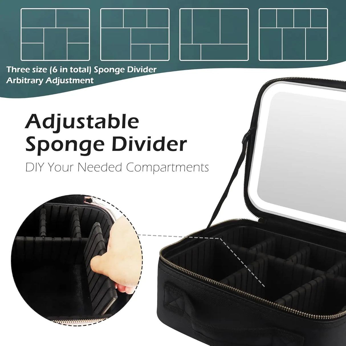 Makeup Organizer with Mirror Light 3 Adjustable Brightness Travel Train Case Cosmetic Bag Portable Storage Partition Waterproof