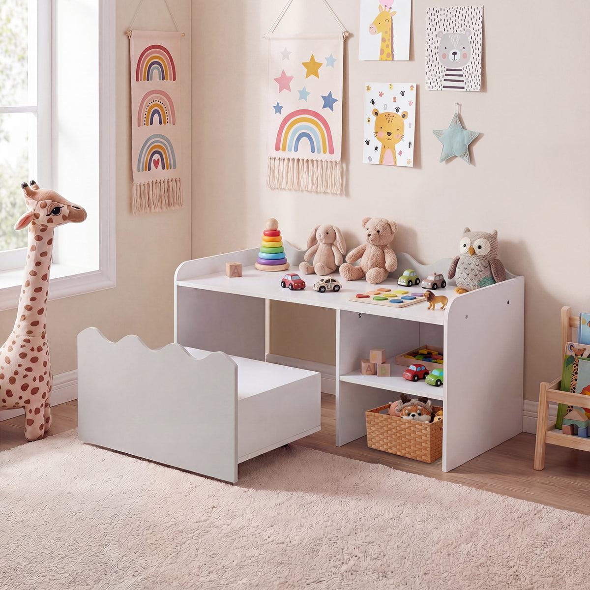 Scalloped Kids Bookshelf and Toy Storage Organizer for Playroom