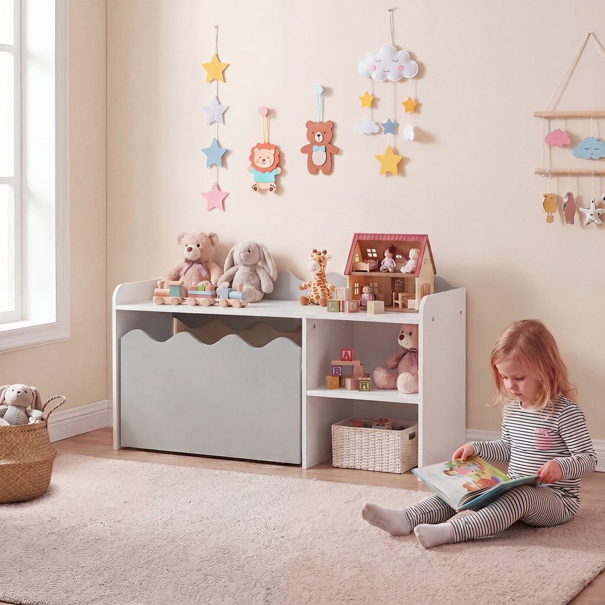 Scalloped Kids Bookshelf and Toy Storage Organizer for Playroom