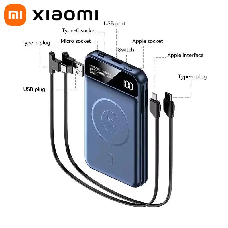Xiaomi 50000mAh Portable Wireless Charging Power Bank Magnetic Charging Built-in Wire Mobile Phone Battery For Iphone Samsung