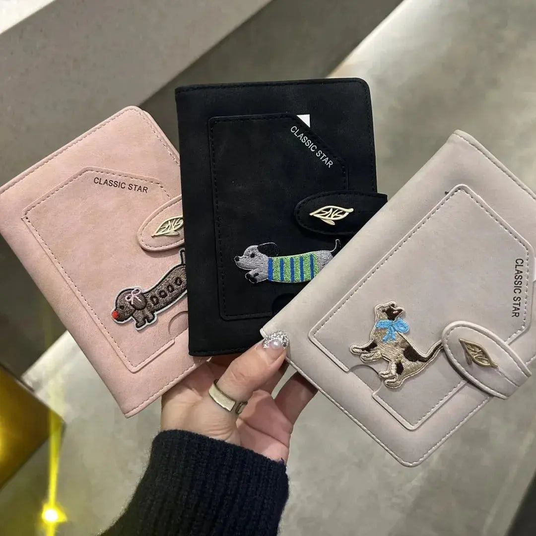Cartoon Dogs Embroidered Passport Holder PU Leather Cute Passport Cover Multi-function Waterproof Ticket Clamp Travel Accessory