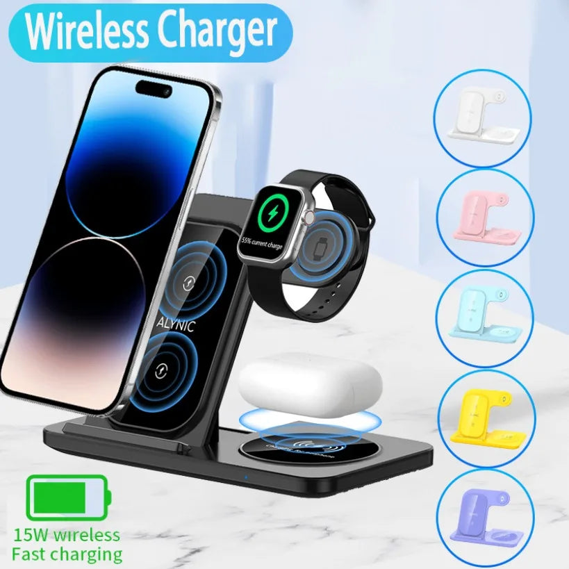 3 In 1 Wireless Charger Stand Foldable 15W Fast Wireless Charging Station Dock for iPhone 16 15 14 13 12 iWatch 9 8 7 6 Airpods