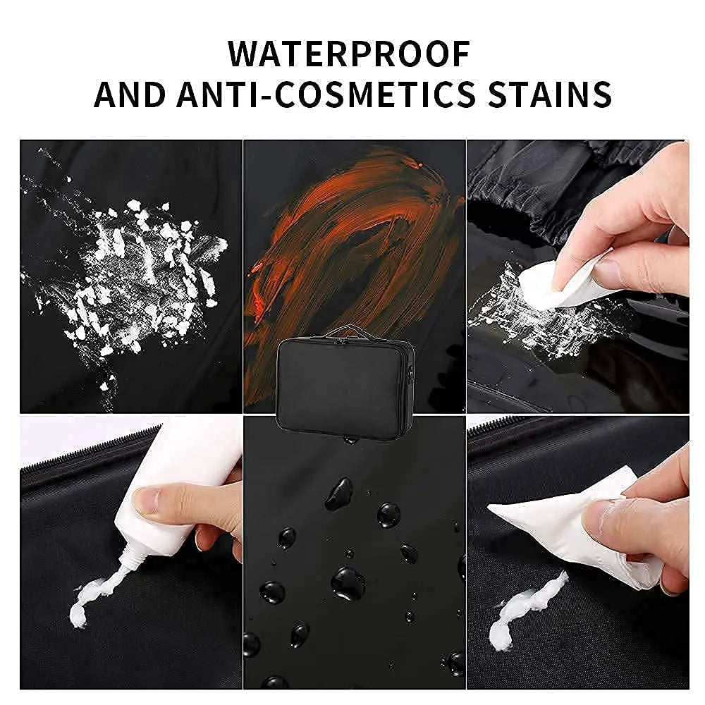 Large capacity travel makeup case, portable artist organizer with adjustable dividers and shoulder strap for toiletries jewelry