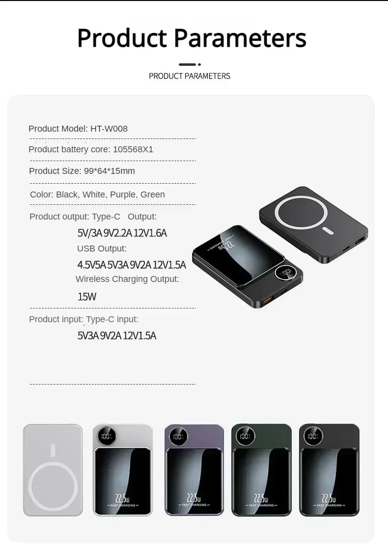 30000mAh MagSafe Power Bank - 15W Magnetic Wireless Charger with PD Fast Charge for iPhone 15/14/13 (Qi-Certified for Android)