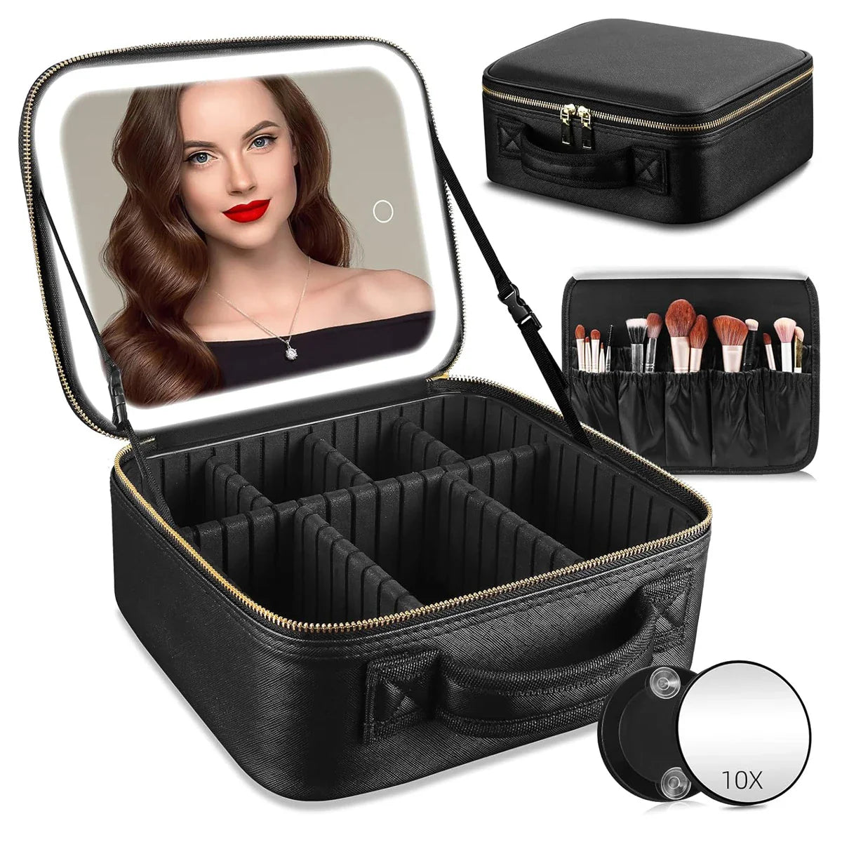 Makeup Organizer with Mirror Light 3 Adjustable Brightness Travel Train Case Cosmetic Bag Portable Storage Partition Waterproof