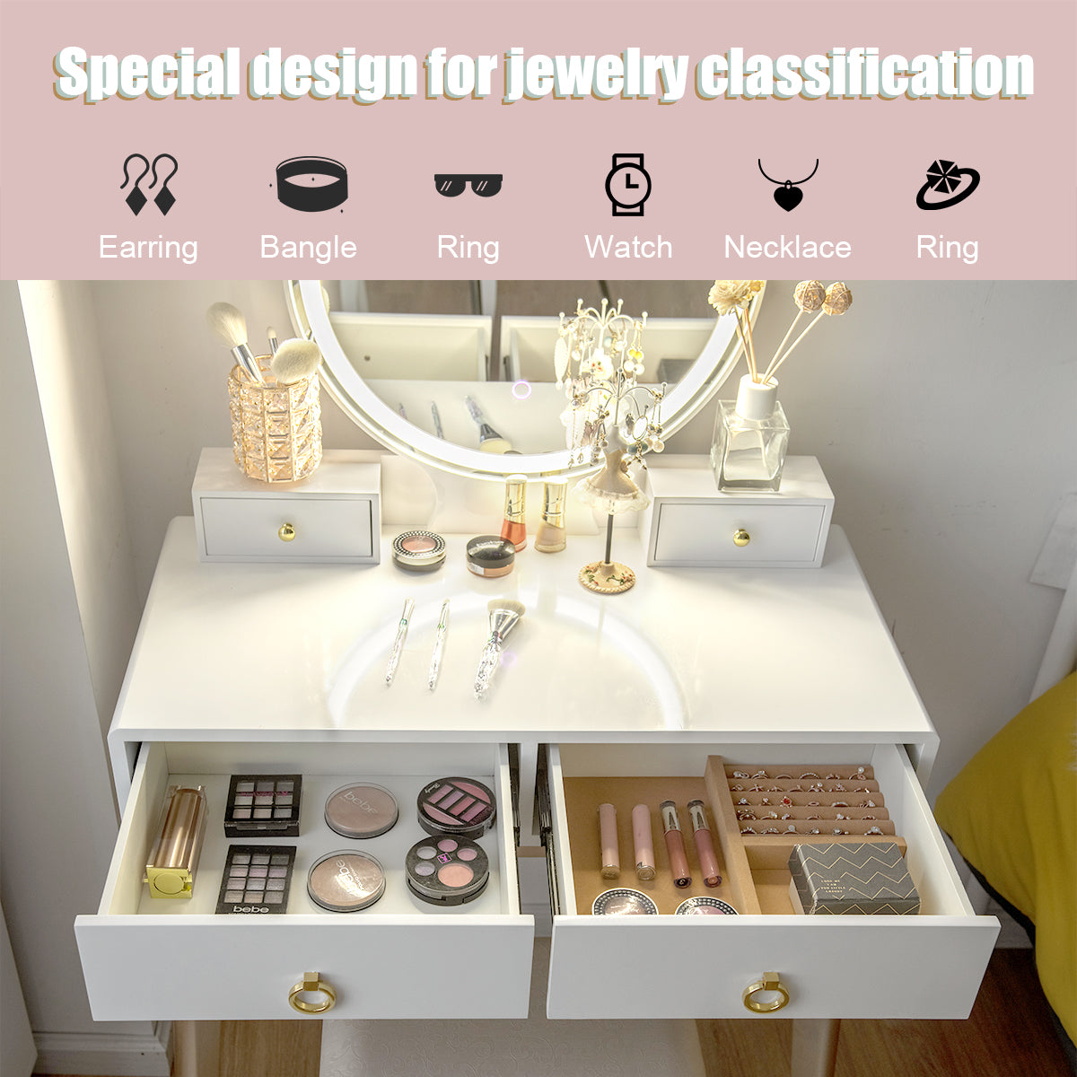 Set 3 Makeup Vanity Table Color Lighting Jewelry Divider Dressing Table