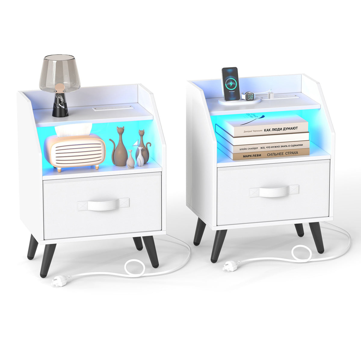Set Of 2 Nightstands with LED Lights and Power Outlets for Living Room
