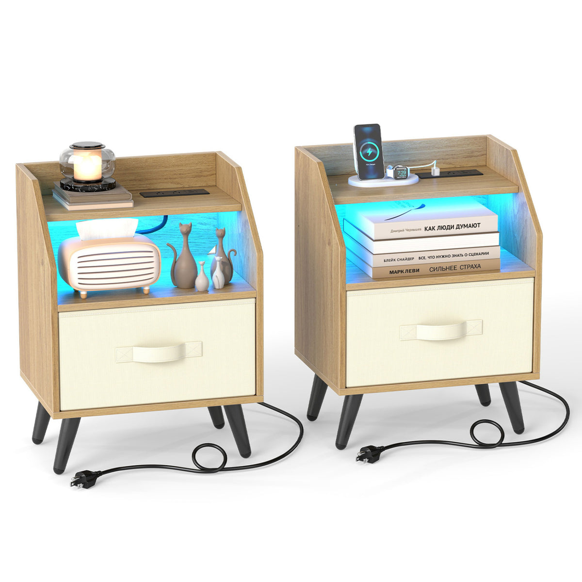 Set Of 2 Nightstands with LED Lights and Power Outlets for Living Room
