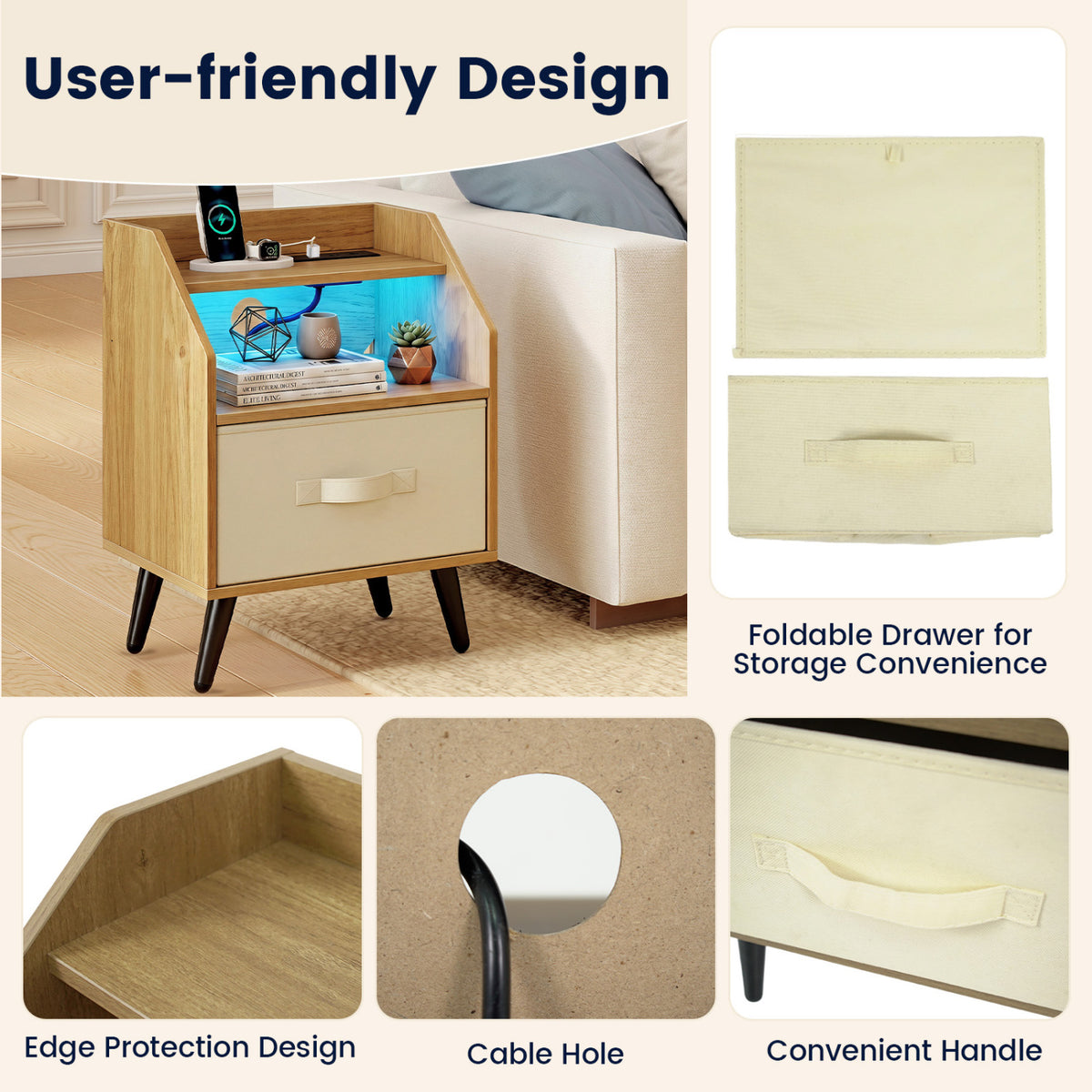Set Of 2 Nightstands with LED Lights and Power Outlets for Living Room