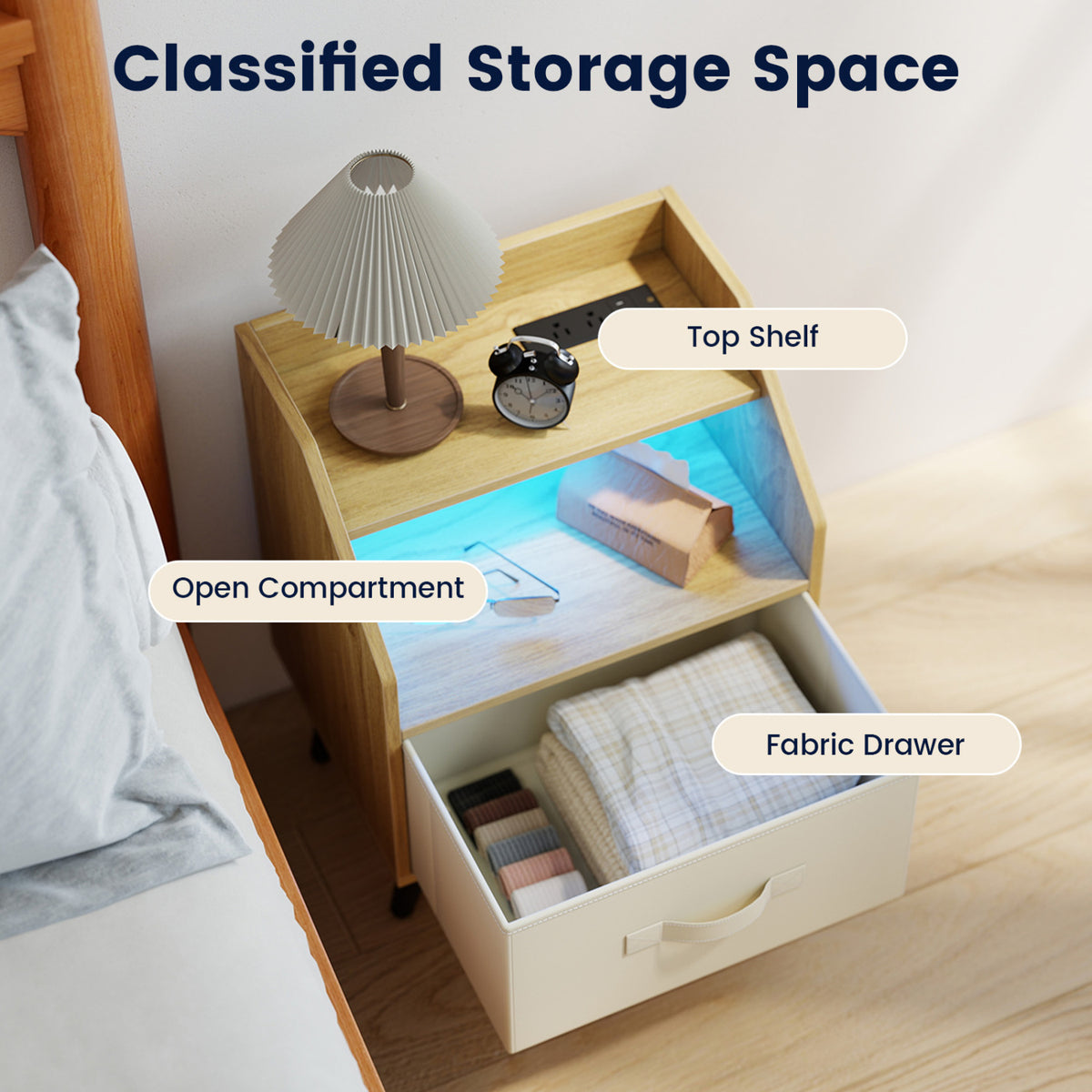 Set Of 2 Nightstands with LED Lights and Power Outlets for Living Room