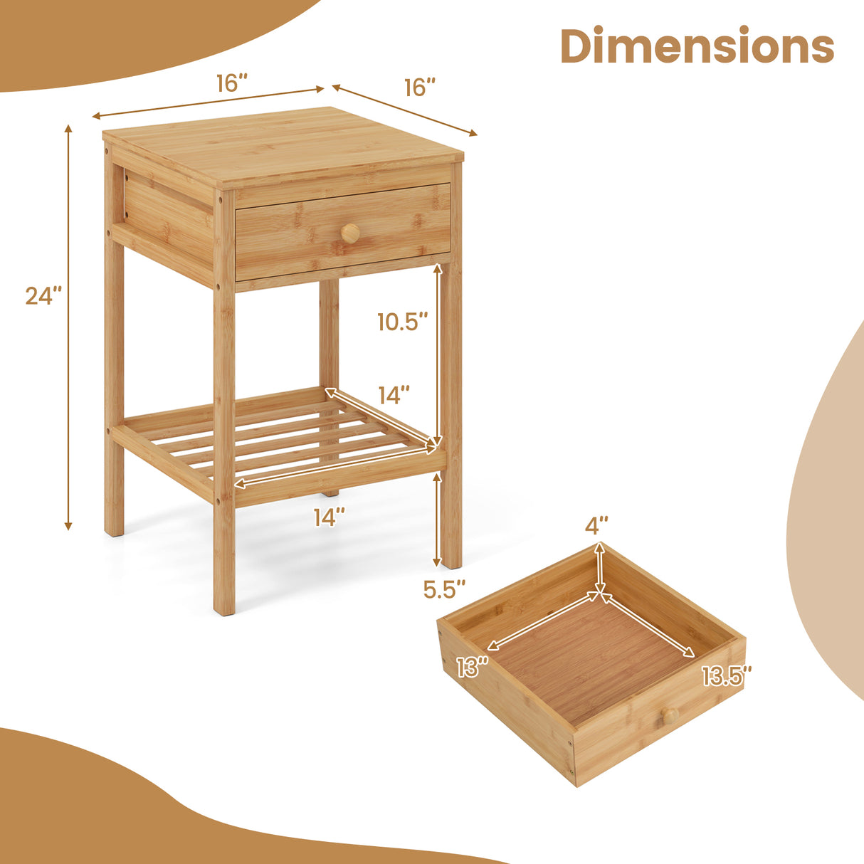 Set of 1/2 Bamboo Nightstand Bedside Table with Storage Drawer and Open Shelf