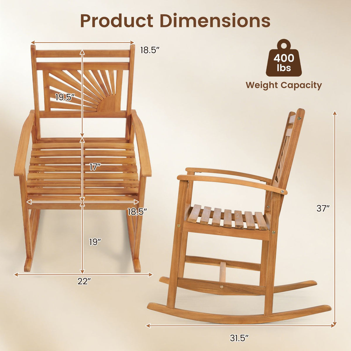 Set of 1/2 Acacia Wood Patio Rocking Chair with Curved Armrests