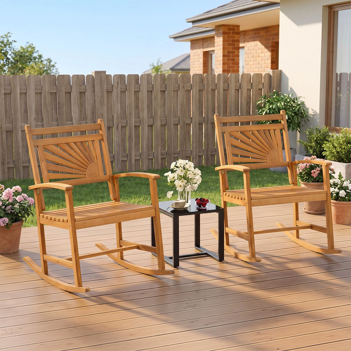Set of 1/2 Acacia Wood Patio Rocking Chair with Curved Armrests