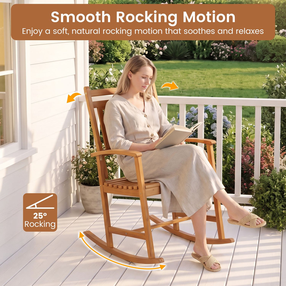 Set of 1/2 Acacia Wood Patio Rocking Chair with Curved Armrests