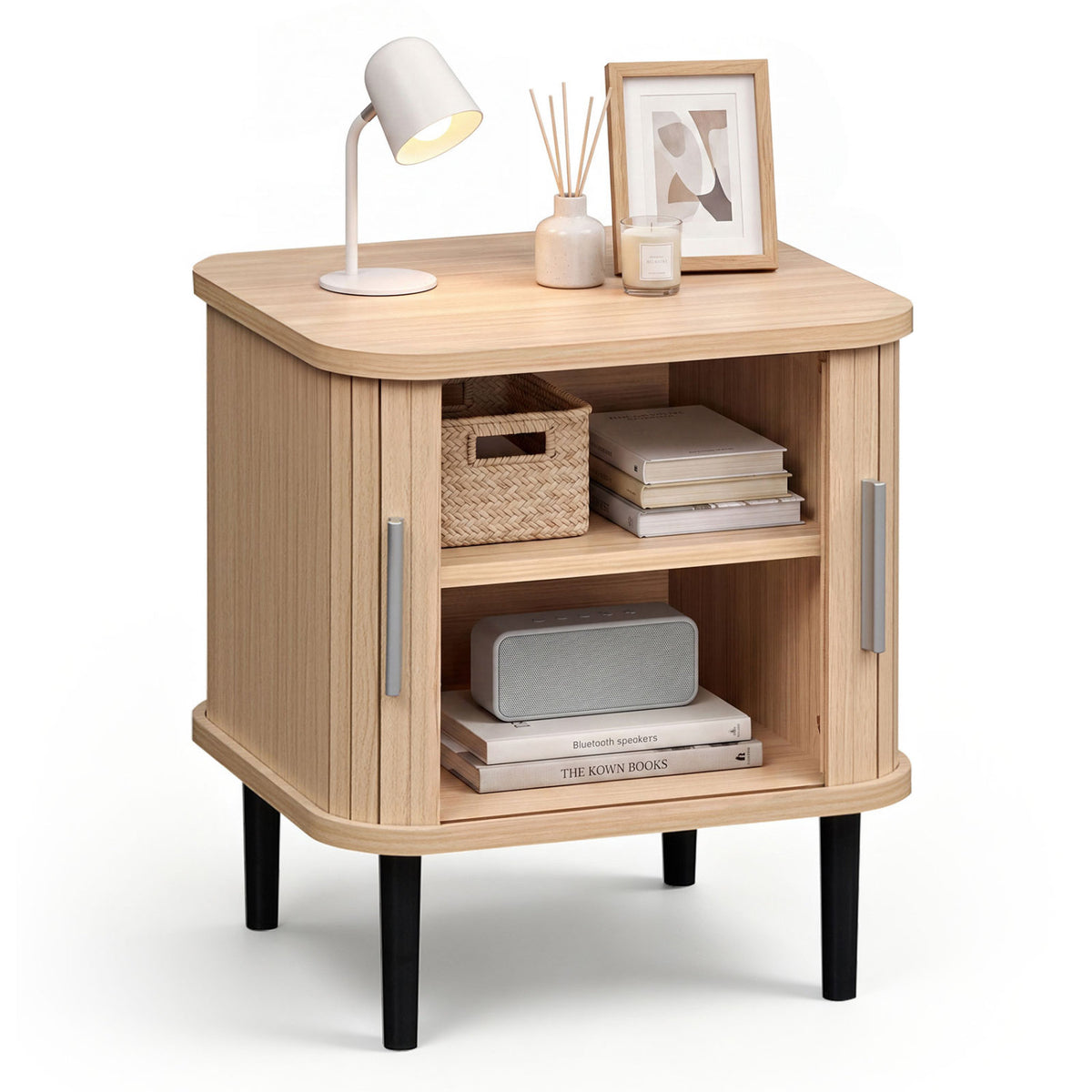 Set of 1 Fluted Nightstand with Sliding Doors and Adjustable Shelf for Small Spaces