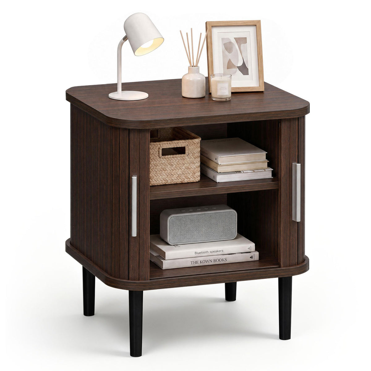 Set of 1 Fluted Nightstand with Sliding Doors and Adjustable Shelf for Small Spaces