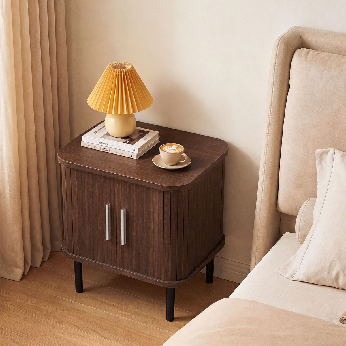 Set of 1 Fluted Nightstand with Sliding Doors and Adjustable Shelf for Small Spaces